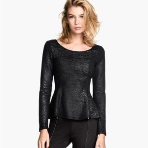 Divided Black Snakeskin‎ Textured Longsleeve Peplum Blouse Size Medium